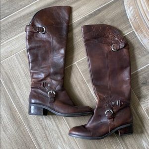 Brown leather buckle tall boots side zip sz 7.5